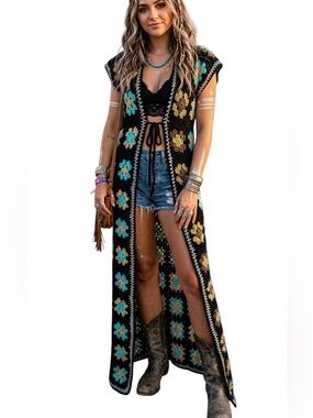 Handmade Crochet Knit Granny Square Long Floor Length Maxi Cardigan Vest M / L